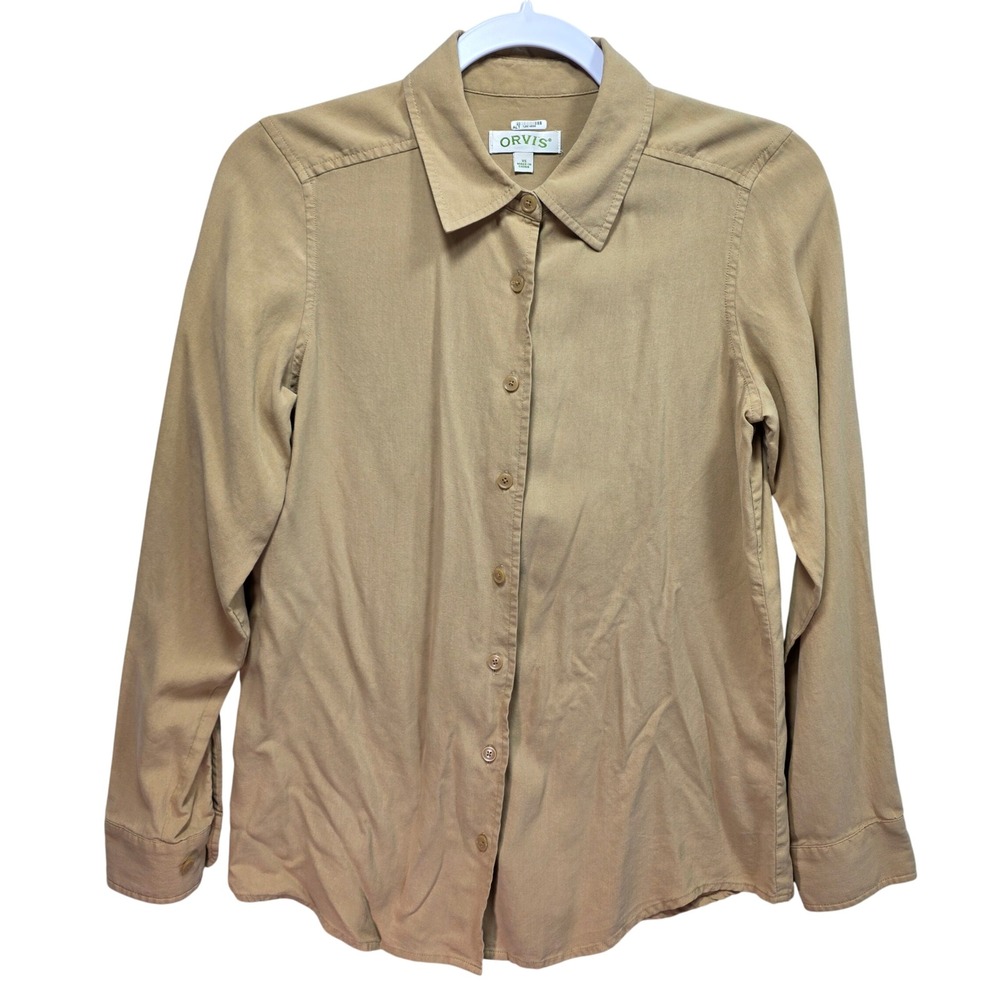Orvis Womens All Silk Button Down Shirt Tan Khaki Long Sleeve Blouse XS Neutral